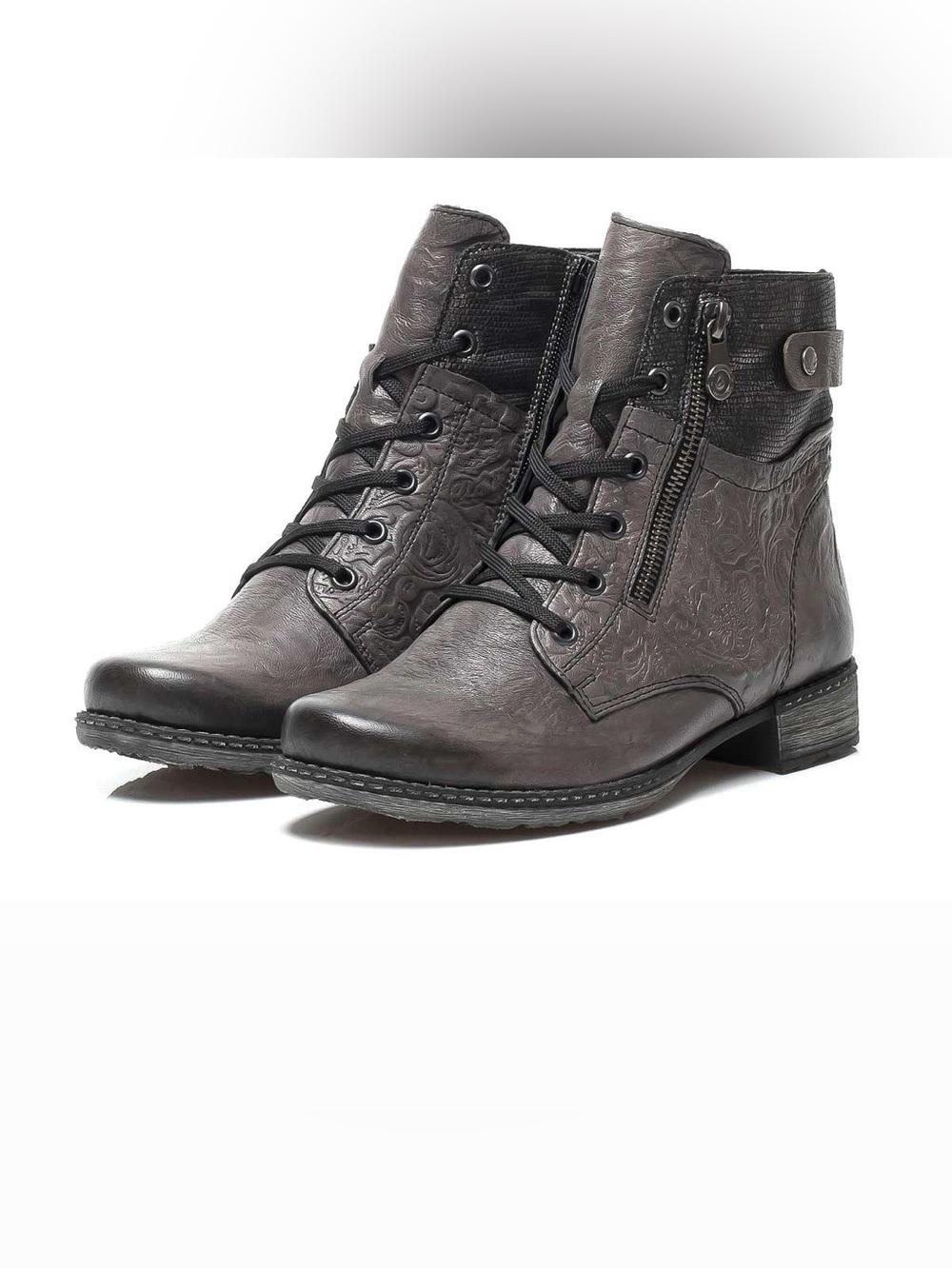 Remonte Size 38 Charcoal Gray Lace-Up Embossed Ankle Boots with Side Zip